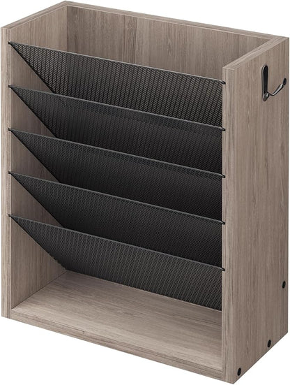 Mail Organizer Wall Mounted, 6-Slot Hanging File Organizer with Key Holder | Mail Sorter, Wood Letter Holder for Envelopes Bills Magazine Folders Papers Accessories for Home Office, Greige