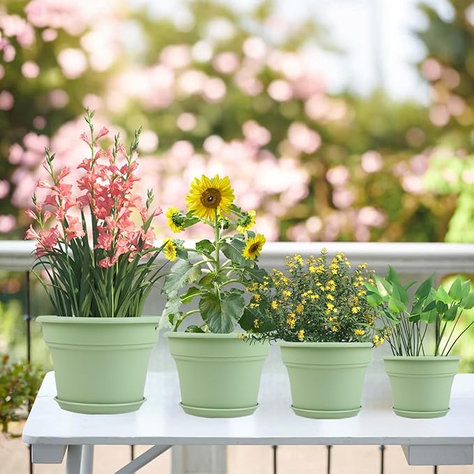 8 Inch Plastic-Flower Pot-for-Indoor Plants, 4 Pack Large Outdoor Planter Pot with Drainage Holes & Saucers, Resin Decorative Garden Pots Planters