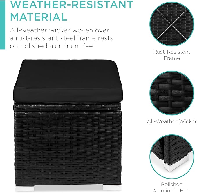 Best Choice Products Set of 2 Wicker Ottomans, Multipurpose Outdoor Furniture for Patio, Backyard, Additional Seating, Footrest, Side Table w/Storage, Removable Cushions - Black/Black