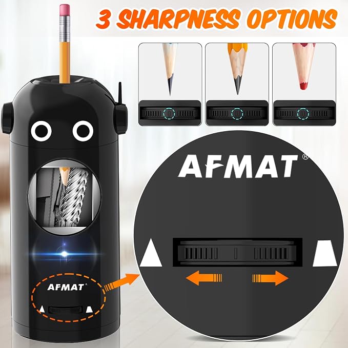 AFMAT Electric Pencil Sharpener for Colored Pencils 7-11.5mm, Fully Automatic Robot Pencil Sharpener, Auto in & Out, Rechargeable Hands-Free for Classroom/Home/Office, Battery Operated, PSX5RB, Black