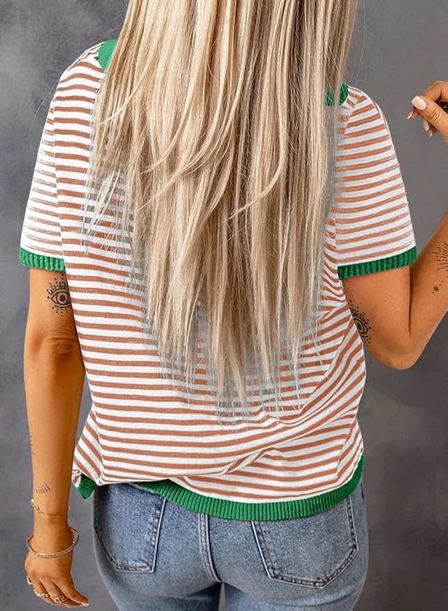Dokotoo Womens Tops 2026 Casual Summer Crewneck Short Sleeve Striped Color Block Knit High Low Trendy Pullover Sweaters