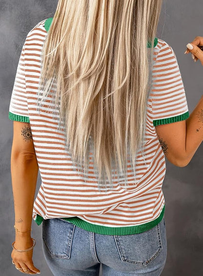 Dokotoo Womens Tops 2026 Casual Summer Crewneck Short Sleeve Striped Color Block Knit High Low Trendy Pullover Sweaters