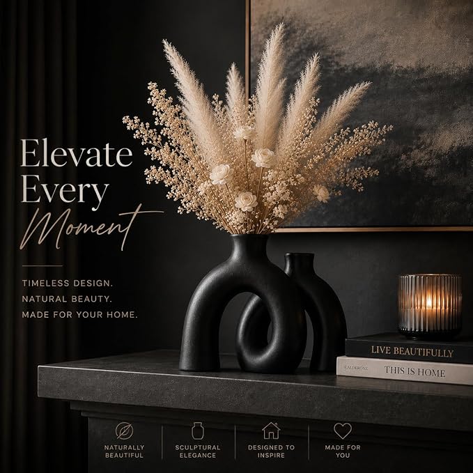 Jas & Jax Matte Black Ceramic Hug Donut Vase Set – Nordic Boho Home Decor, Pampas Grass & Dried Flowers Centerpiece for Living Room, Console Table, Bookshelf or Mantel