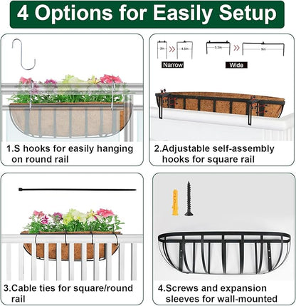 DUNCHATY Railing Planter Window Box - 4 Pack 24" Horse Trough Planter with Coco Fiber Liner - Deck Balcony Rail Planter for Porch Fence Patio Outdoor