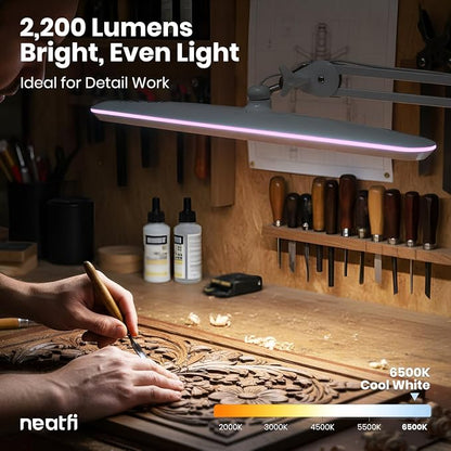 Neatfi XL 2,200 Lumens 24W LED Desk Lamp – 23” Wide Shade | Dimmable Eye-Caring Task Light | Adjustable Arm | Home Office, Study, Crafts & Nail Tech (White with Pink Ring, Non-CCT with Clamp)