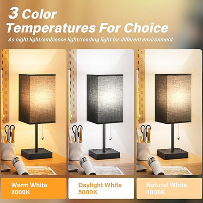 Black Lamp for Bedroom - 3 Color Temperatures, USB A+C, 2 AC Outlets | Pull Chain Switch, LED Bulb Included, Black Fabric Shade, 17.4" Table Lamp for Nightstand, Desk, Living Room, Office