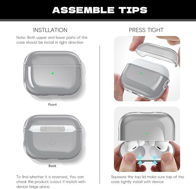 for Airpods Pro 2nd/1st Generation Case Cover, Compatible with Airpods Pro Case 2nd Gen USB C Charging Port, Clear Soft Transparent Military Grade Shockproof Case, Clear Black