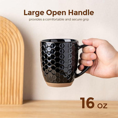 GBhome Large Coffee Mugs Set of 4, 16oz Handmade Embossed Coffee Mugs Set with Large Handle for Cappuccino/Latte/Tea/Hot Cocoa, Dishwasher & Microwave Safe, Black