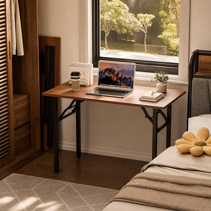 Folding Table Computer Desk - 43.3" No Assembly Folding Desk Design and Foldable Office Desk, Small Desk for Bedroom, Compact Storage Portable Use for Dorm and RV Small Space, Dark Walnut