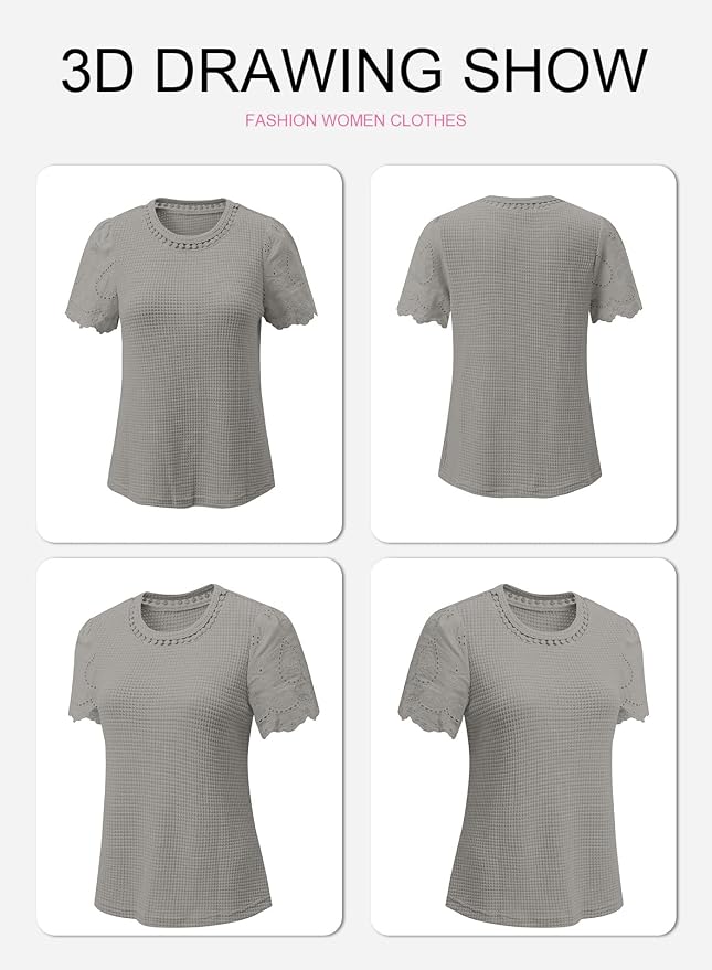SHEWIN Womens Frenchy Summer Tops Crewneck Short Sleeve T Shirts Casual Waffle Knit Jacquard Blouses Top Shirts