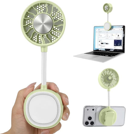 Magnetic Phone Fan with Ice Cooling, 3-in-1 Clip on Fan & Phone Stand, Rechargeable Mini Handheld Fan, 360° Flexible Gooseneck Portable Fan for Cruise Travel Desk Gym Makeup（Green）