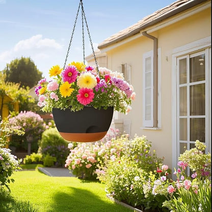 Hanging Planter for Indoor Plants, 10 Inch Self-Watering Hanging Planters with Drainage Holes and Chain, Set of 2 Outdoor Hanging Pots for Garden Home