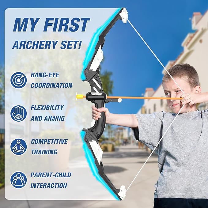 HYES 2 Pack Bow and Arrow for Kids, LED Light Up Archery Set with 24 Suction Cup Arrows, 1 Standing Target, 6 Score Targets & 2 Quiver, Indoor Outdoor Sport Gifts for Boys Girls Ages 4-8
