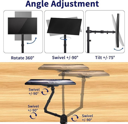 Single Monitor Arm Mount for 13-32 Inch Screen Up to 22lbs | Ultrawide Screens Up to 38 Inch Fully Adjustable Stand with C-Clamp/Grommet Base Tilt Rotation Max VESA 100x100