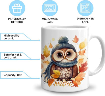 Hyturtle Personalized Fall Owl Maple Leaves Coffee Mug Gifts on Birthday | Gifts For Owl Lovers - Fall Autumn Decor Gifts For Farmhouse Thanksgiving - Custom Name 11oz White Ceramic Coffee Tea Mug