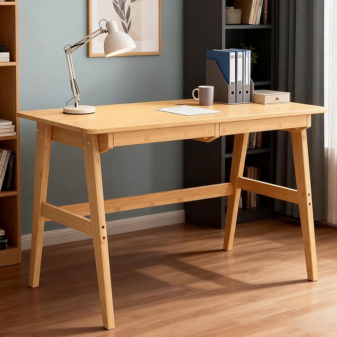 Nnewvante Writing Computer Desk 46" Bamboo Home Office Table with 2 Drawers, Modern Furniture Simple Study Makeup Workstation | Work Study Laptop Table for Bedroom, Modern Simple Style