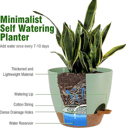 10/9/8 inch Self Watering Pots, Set of 3 Plastic Planters with Mesh Drainage Holes and Deep Reservoir for Indoor Outdoor Garden Plants and Flowers, Green with Brown