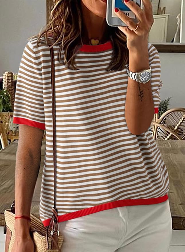 Dokotoo Womens Tops 2026 Casual Summer Crewneck Short Sleeve Striped Color Block Knit High Low Trendy Pullover Sweaters