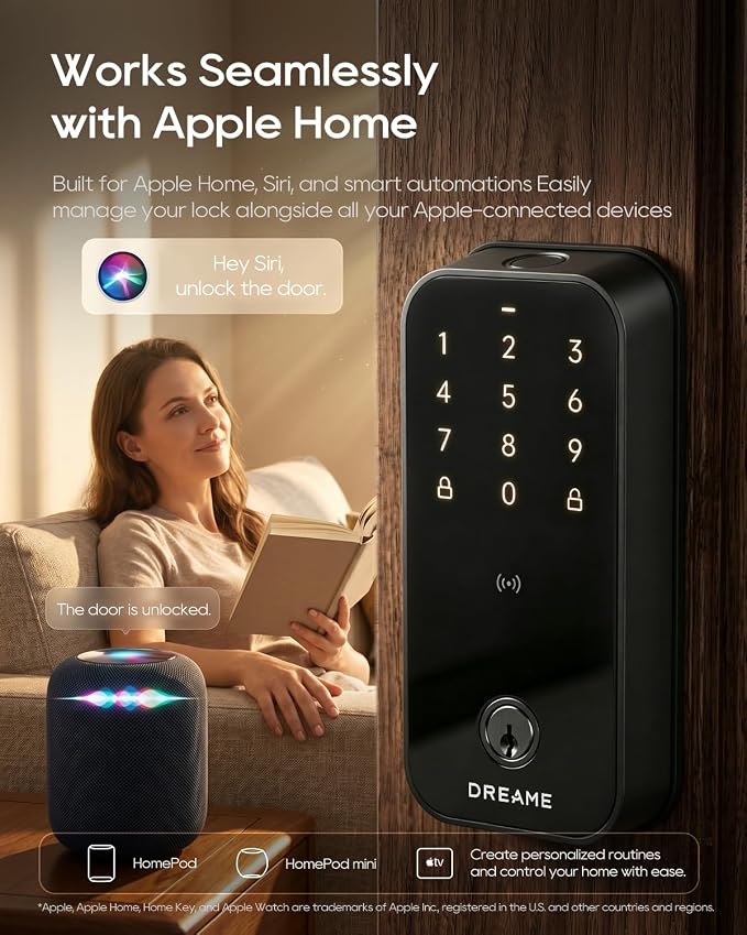 Dreame Turbo Lite Smart Wi-Fi Door Lock, Fingerprint Keyless Entry Deadbolt for Front Door, Built-in Wi-Fi, Keypad Smart Lock, Works with Apple Home, Auto Lock, IP54 Waterproof, 12-Month Battery Life