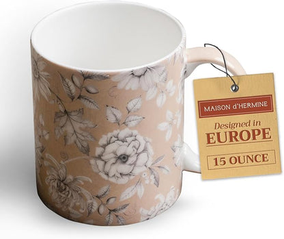 Maison d' Hermine Coffee Mug with Handles Tea Cups (15 Ounce, Pack of 1) | Fine Bone China Coffee Mugs for Hot Beverages Cappuccino Latte Home Restaurant Spring Summer -Pretty Autumn - Pretty Mono