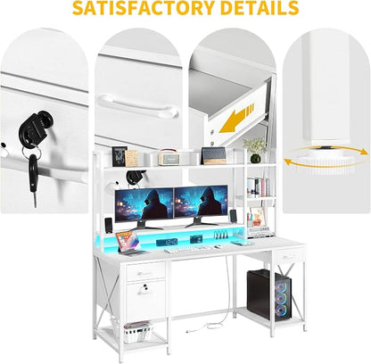 DWVO Computer Desk with Drawers & Hutch, 59.1" Office Desk with Power Outlets & LED Lights, Home Office Desk with Storage Shelves, White | Built-In Power Outlets, Led Lights, Hutch Shelves, Storage Drawers, for Home Office Work Study, Easy Assembly