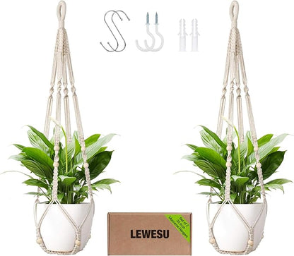 Macrame Plant Hanger Indoor Set of 2 with 4 Hooks, Indoor Outdoor Hanging Planter for Plants Holder with Decorative Wood Beads & No Tassels, Boho Home Decor, 35 Inch Ivory (Pots Not Included)