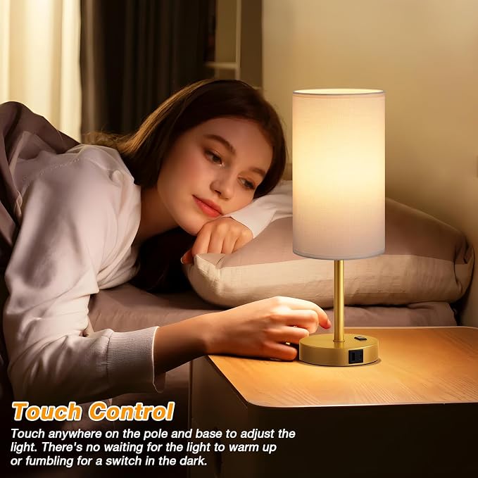 Dicoool 17.4" Bedside Lamp for Bedroom - Dimmable Touch, USB A+C, AC Outlet | LED Bulb Included, 3-Way Dimmable, 17.4" Table Lamp for Living Room, Dorm, White Fabric Lampshade, Gold Metal Base