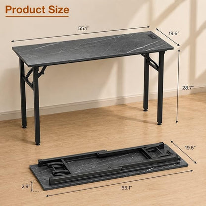 Folding Table Computer Desk - 55.1" No Assembly Folding Desk with Power Outlets & USB Charging Port, Small Desk, Foldable Office Desk, Compact Storage Portable Use for Small Space, Marble Greige