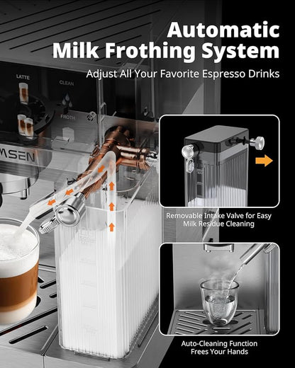 AIRMSEN 20 Bar Espresso Machine with Automatic Milk Frother, Cappuccino & Latte Coffee Maker with Quick Brew Dual Boiler (1350W + 1000W), Stainless Steel, 60oz Water Tank, Touchscreen