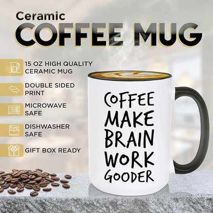 Veracco Coffee Make Brain Work Gooder Mug Funny Coffee Lover Gift Humorous Idea Family Friends Birthday Presents Sarcastic Office Tea Cup Caffeine Addict Brain Booster Gooder Vibes