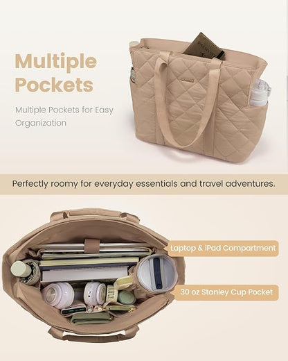 LOVEVOOK Tote Bag for Women,Light Puffer Tote Bag with Multi-pockets,Stylish Carry on Laptop Bags for Daily,Travel,Work,Gym