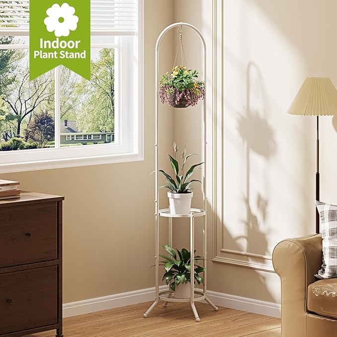 BMOSU Plant Stand with Hooks Indoor Outdoor Corner Tall Plant Stand Heavy-Duty Metal 3-Tier Plant Shelf Holder Rack for Patio Garden Balcony Living Room Bedroom(circular White)