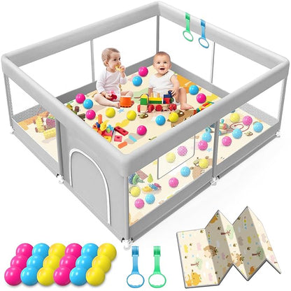 Baby Playpen with Mat 50x50 Inch, Playpen with Colorful Ball for Babies and Toddlers, Baby Play Pen Pin Indoor Play Fence (Mat and Ball Included)