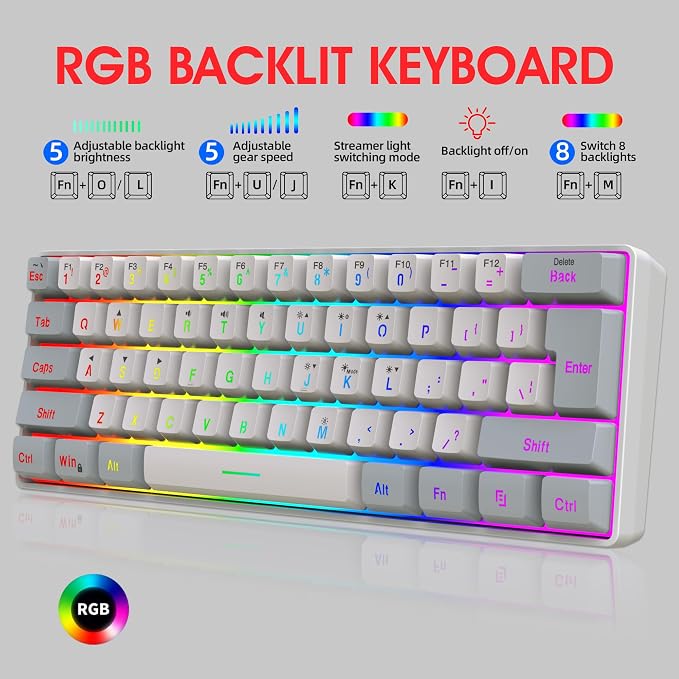 Snpurdiri 60% Wired Gaming Keyboard, 61 Keys RGB (Grey-White) | Backlit Small Gaming Keyboard for PC/Mac Gamer, Typist, Travel, Easy to Carry on Business Trip