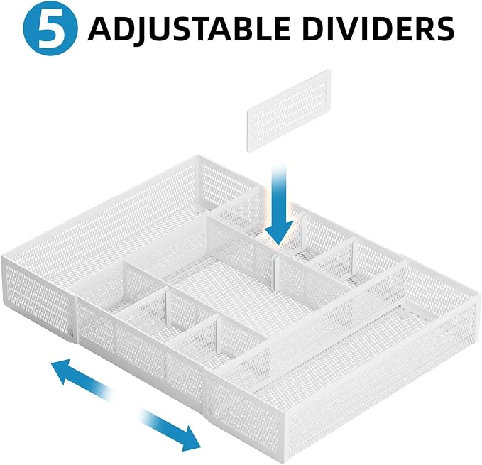 Marbrasse Expandable Desk Drawer Organizer, Mesh Drawer Organizer Tray with 10 Adjustable Compartments, Desk Organizers and Accessories for Office Supplies, Makeup & Vanity (Expandable White-2 pack)
