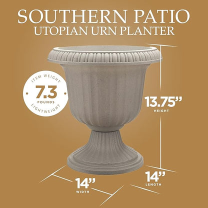 Southern Patio 2 Pack Utopian Urn Planter, Large 14 Inch Outdoor Pot, Lightweight Garden, Entryway, or Walkway Accessory with UV-Coated Finish, Stone