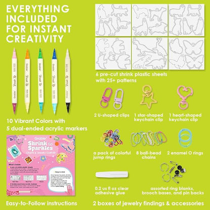 Grabie DIY Shrink Art Craft Kit Jewelry Making Kit for Kids Adults, 25+ Pre-Cut Shapes, 5 Dual-Tip Markers, Custom Charms, Pins, Rings, Keychains (Paws & Wings - Creative Freedom)