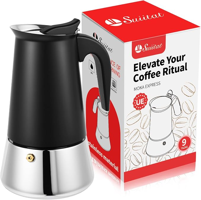 9 Cup Stainless Steel Moka Pot, 450ml Stovetop Espresso Maker, Black