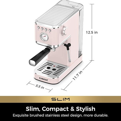 CHULUX Slim Espresso Machine with Milk Frother for Home Cappuccino, Pink | Precise Pressure Gauge, Food-Grade Materials, 20 Bar Italian Pump, Professional Temperature Control System, Stainless Steel