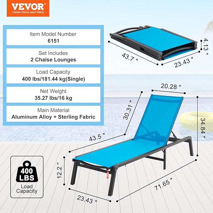 VEVOR 2 Pcs Chaise Lounge Chairs Outdoor, Aluminum Patio Lounge Chair with Adjustable 5-Position, Folding Pool Chairs Recliner and Full Flat Tanning Chair for Patio, Beach, Pool, Blue, 2 pcs