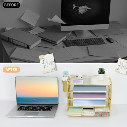 LEKETREE Desk Organizers and Accessories, 5-Tier Paper Letter Tray Organizer with Drawer & 2 Pen Holders, Desktop Organizer for Office Supplies (Gold)