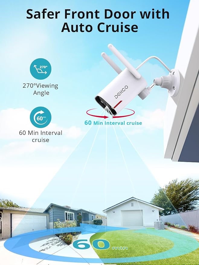 DEKCO 4 Pack Wired Home Camera Outdoor with 2K Color Night Vision, Pan Rotating 180° Security Cameras Support 24/7 Recording, 2.4GHz WiFi, AI Human Auto Tracking, Work with Alexa/Google Assistant