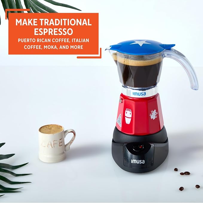 IMUSA 6 or 3 Cup Electric Boricua Espresso Coffee Maker, Red | Bare Cast Aluminum Finish, Cool-Touch Handle, Ideal for Moka and Puerto Rican Coffee, Great for Gifting