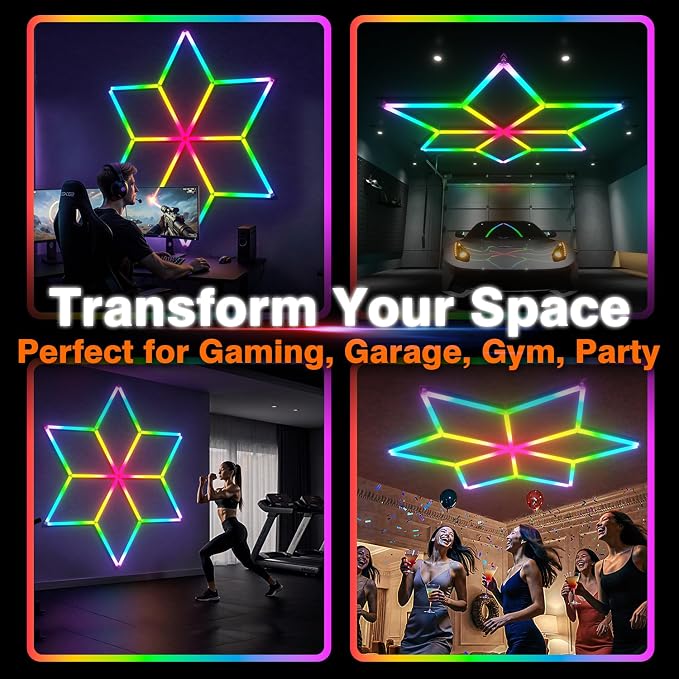 RGB Hexagon Garage Lights, Snowflake Hexagon Led Lights with Music Sync Mode, App & Remote Control RGB Ceiling Lights for Party, Gym, Studio, Gaming Room