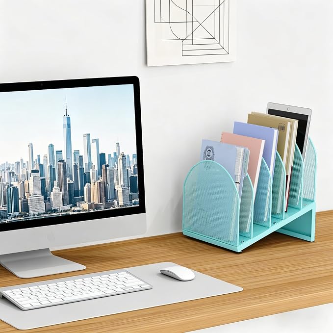 gianotter Desktop File Organizer with 5 Compartments | Desk Organizer Paper Organizer for Desk Workspace Organizers for Office Supplies (Blue, Inclined Style)