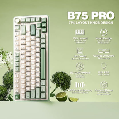 YUNZII B75 PRO 75% Wireless Mechanical Keyboard(Matcha Green,MilkV2) | Hot Swap Keyboard with Knob, Gasket Mount, Creamy Pre-lubed Switch for Smooth Typing, BT/USB-C/2.4G, for Gaming