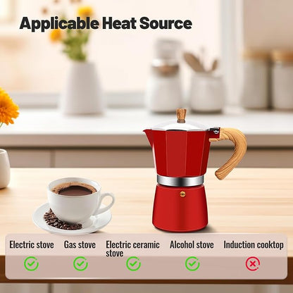 3 Cup Aluminum Moka Pot Classic Stovetop Espresso Coffee Maker 150ml 5oz Coffeemaker Percolator Mocha Pot Greca Coffee Maker Cafe Makers for Italian and Cuban Café Brewing Red