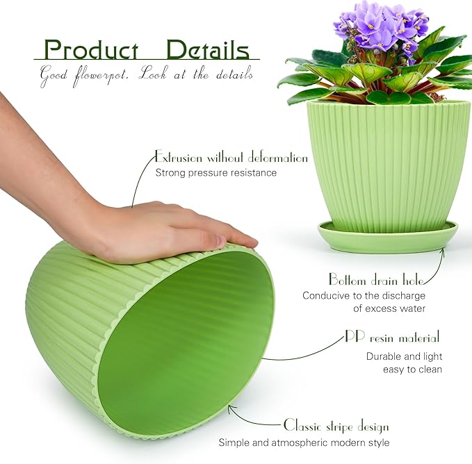 Plant Pots Indoor with Saucers & Drainage - 6 Pack Flower Pots - Plastic Planters for Indoor Planter - 7.5/6.6/5.8/5.0/4.3/3.5 inches Sizes for All Different Types of Plants-Light Green