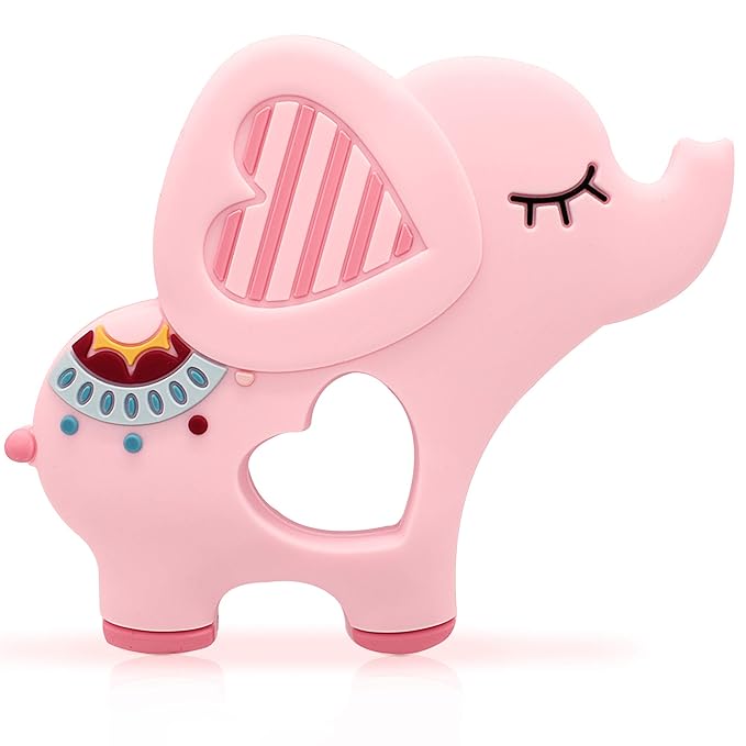 Bigspinach Soft Pink Elephant Teether Toy for Babies 3-6/6-12 Months Silicone Teething Toy Gift for Girls Gum Massager Anxiety Relief Items