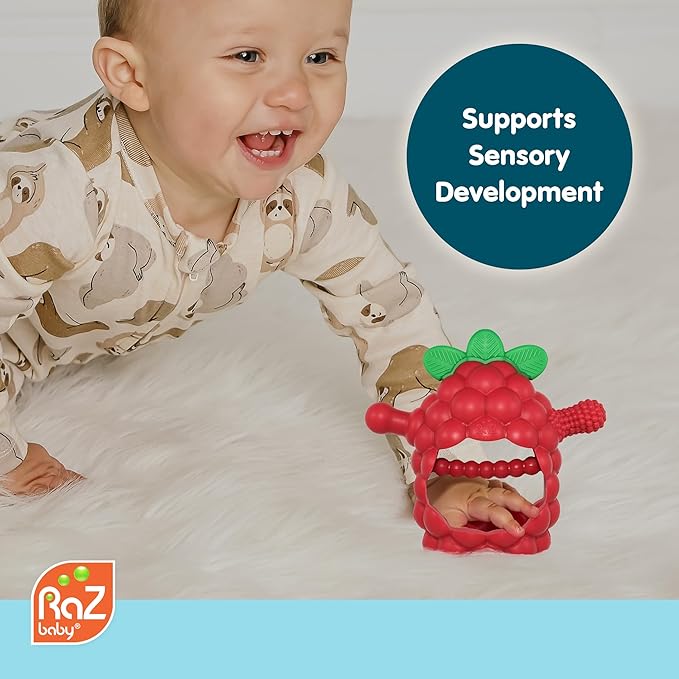 RaZbaby RaZberry Grip Silicone Teether Toy for 3M+ | Drop Resistant Hand Held Teether for Babies and Infants - Designed by Nature with Our Patented BerryBumps Multitextured Design | 3M+, Pink